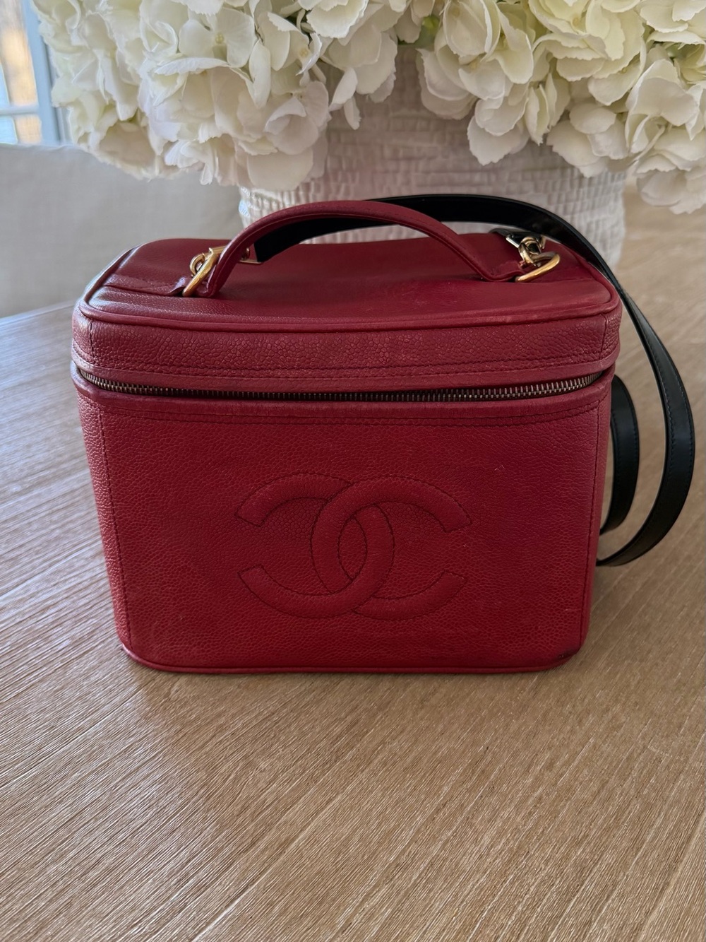 CHANEL Red Leather Vanity Case with Crossbody Strap